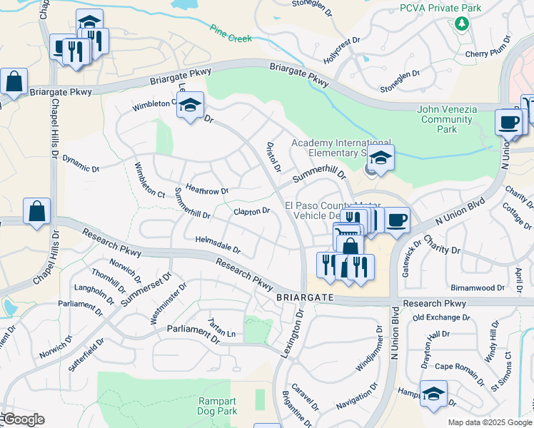 map of restaurants, bars, coffee shops, grocery stores, and more near 2745 Clapton Drive in Colorado Springs