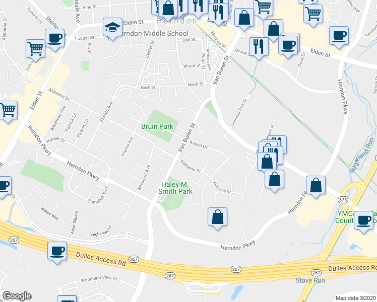 map of restaurants, bars, coffee shops, grocery stores, and more near 406 Hillwood Court in Herndon