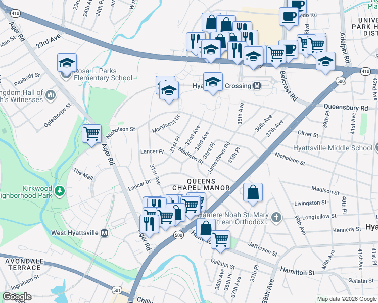 map of restaurants, bars, coffee shops, grocery stores, and more near 3202 Madison Street in Hyattsville