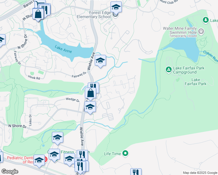 map of restaurants, bars, coffee shops, grocery stores, and more near 1627 Valencia Way in Reston