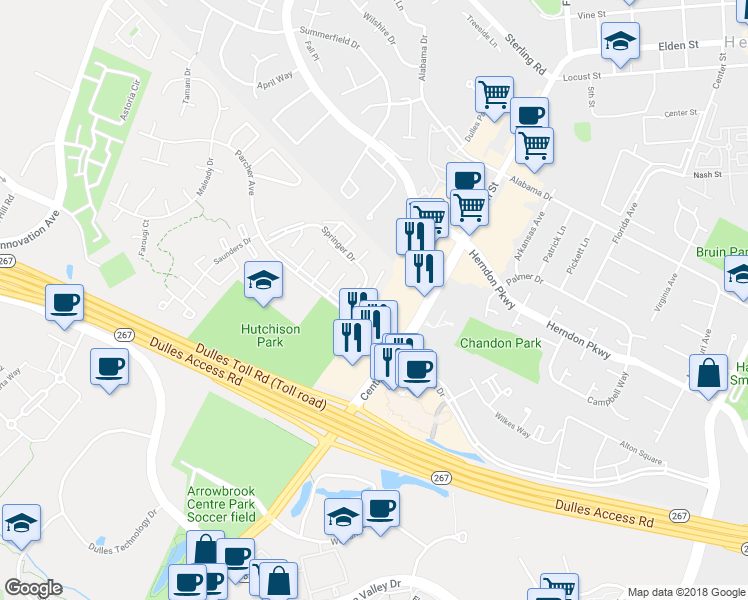 map of restaurants, bars, coffee shops, grocery stores, and more near 2149 Ferguson Place in Herndon