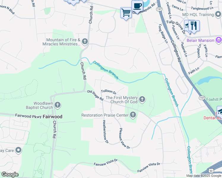 map of restaurants, bars, coffee shops, grocery stores, and more near 14008 Tollison Drive in Bowie