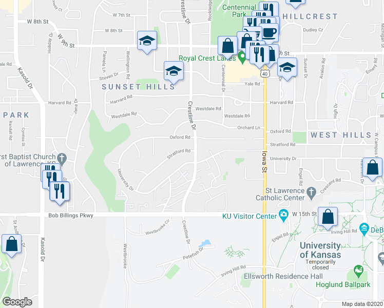 map of restaurants, bars, coffee shops, grocery stores, and more near 2603 Stratford Rd in Lawrence