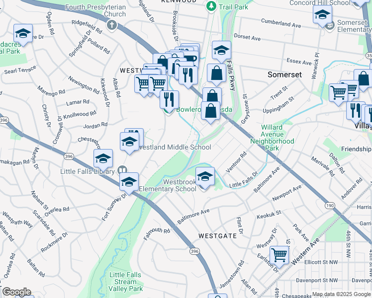 map of restaurants, bars, coffee shops, grocery stores, and more near 5133 Willet Bridge Road in Bethesda