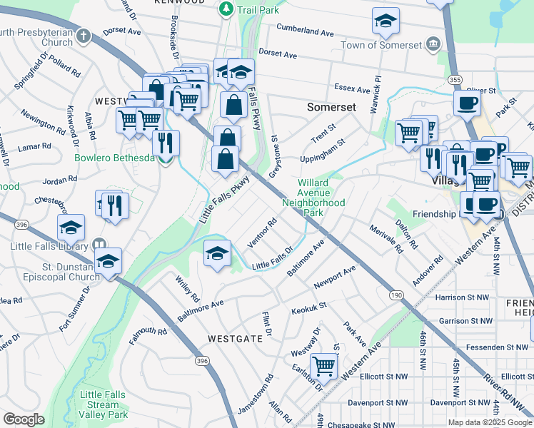 map of restaurants, bars, coffee shops, grocery stores, and more near 5325 Wakefield Road in Bethesda