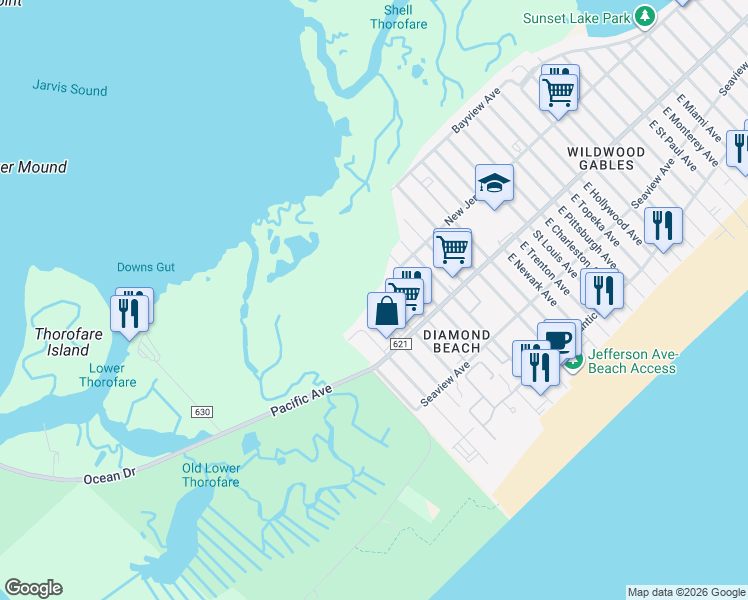 map of restaurants, bars, coffee shops, grocery stores, and more near 100 North Station Avenue in Wildwood
