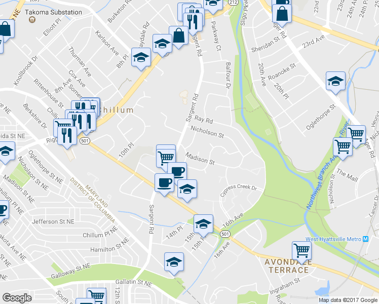 map of restaurants, bars, coffee shops, grocery stores, and more near 1402 Madison Street in Hyattsville