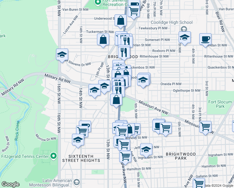 map of restaurants, bars, coffee shops, grocery stores, and more near 5832 Georgia Avenue Northwest in Washington