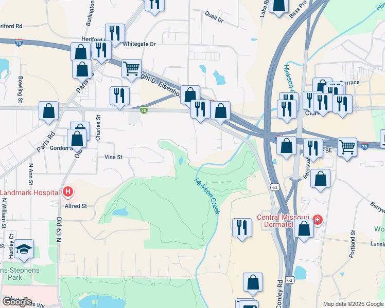 map of restaurants, bars, coffee shops, grocery stores, and more near 911 Eastland Circle in Columbia
