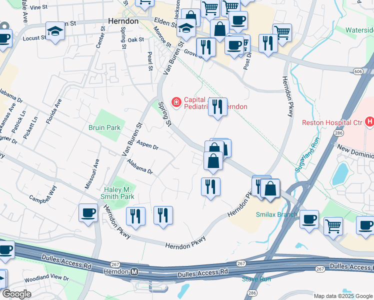 map of restaurants, bars, coffee shops, grocery stores, and more near 428 Old Dominion Avenue in Herndon