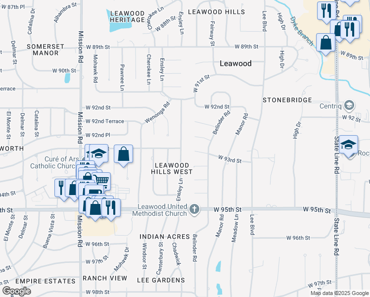 map of restaurants, bars, coffee shops, grocery stores, and more near 9241 Ensley Lane in Leawood