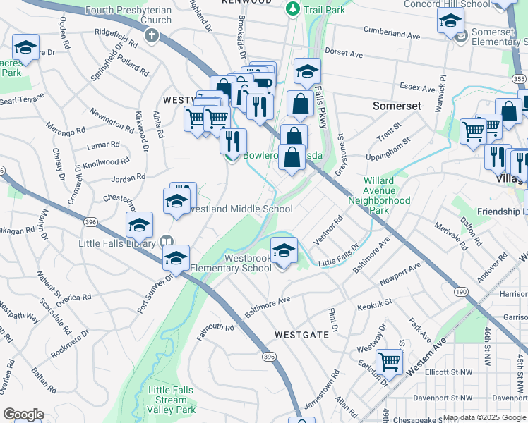 map of restaurants, bars, coffee shops, grocery stores, and more near 5130 Willet Bridge Road in Bethesda