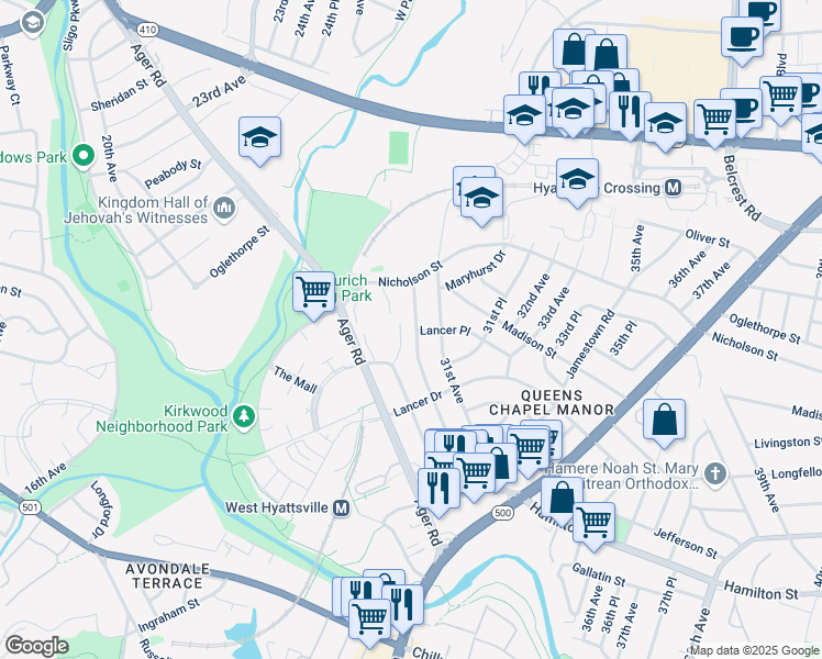 map of restaurants, bars, coffee shops, grocery stores, and more near 5800 30th Avenue in Hyattsville