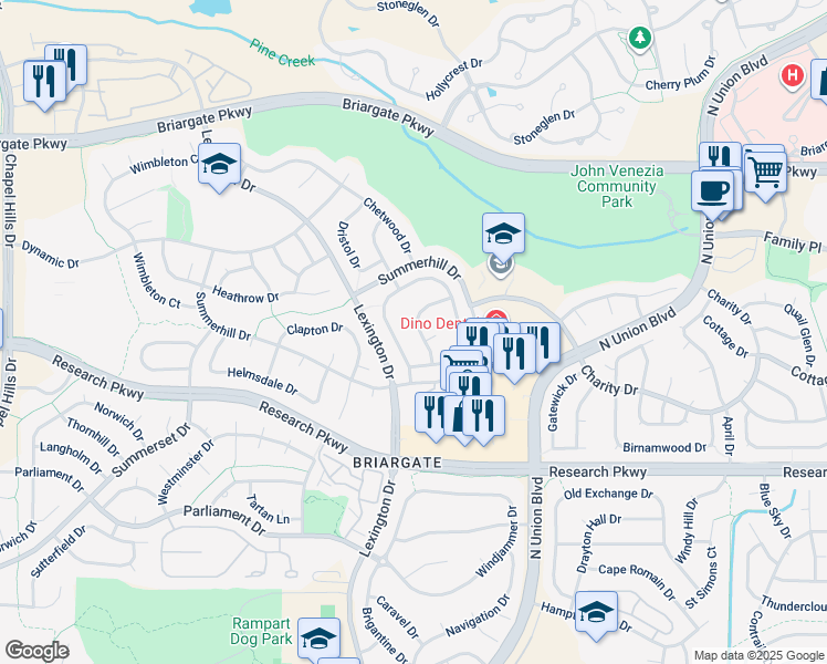 map of restaurants, bars, coffee shops, grocery stores, and more near 8966 Rochester Drive in Colorado Springs