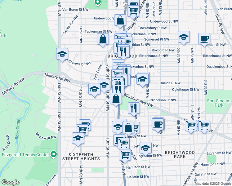 map of restaurants, bars, coffee shops, grocery stores, and more near 5885 Colorado Avenue Northwest in Washington