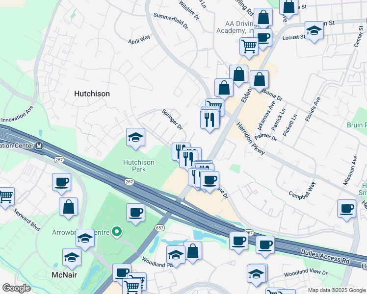 map of restaurants, bars, coffee shops, grocery stores, and more near 2167 Ferguson Place in Herndon