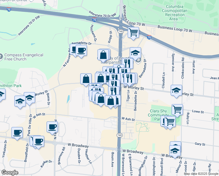 map of restaurants, bars, coffee shops, grocery stores, and more near 421 North Stadium Boulevard in Columbia