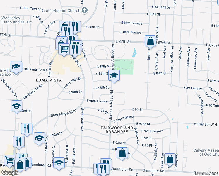 map of restaurants, bars, coffee shops, grocery stores, and more near 9000 James A Reed Road in Kansas City