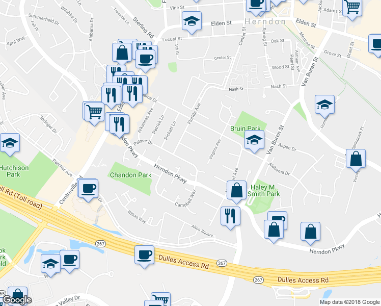 map of restaurants, bars, coffee shops, grocery stores, and more near 705 Bruce Court in Herndon