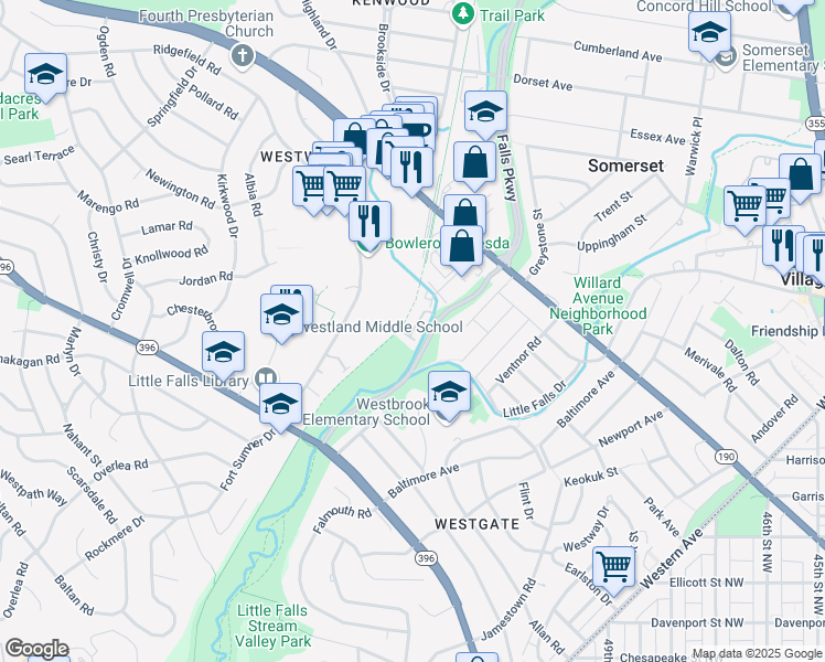 map of restaurants, bars, coffee shops, grocery stores, and more near 5133 Willet Bridge Road in Bethesda