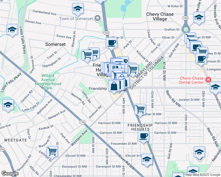map of restaurants, bars, coffee shops, grocery stores, and more near 5311 Friendship Boulevard in Chevy Chase