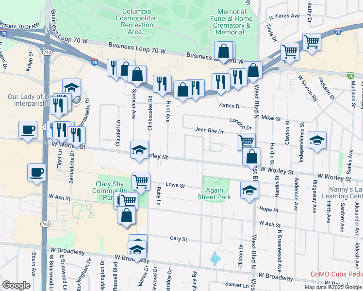 map of restaurants, bars, coffee shops, grocery stores, and more near 601 Pennant Street in Columbia