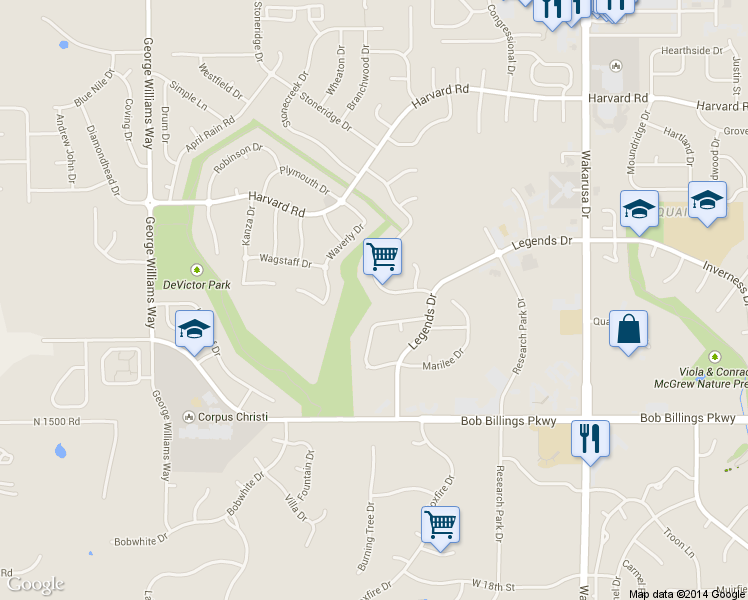 map of restaurants, bars, coffee shops, grocery stores, and more near 1349 Stone Creek Drive in Lawrence