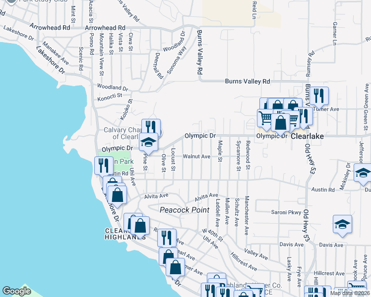 map of restaurants, bars, coffee shops, grocery stores, and more near 3561 Blue Gum Street in Clearlake