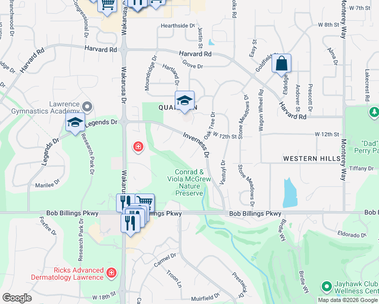 map of restaurants, bars, coffee shops, grocery stores, and more near 4508 Cedar Ridge Court in Lawrence
