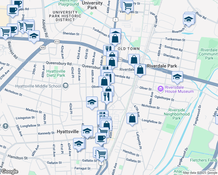 map of restaurants, bars, coffee shops, grocery stores, and more near 6033 U.S. 1 in Riverdale Park