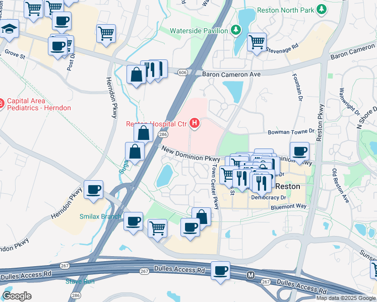 map of restaurants, bars, coffee shops, grocery stores, and more near 1892 Town Center Drive in Reston