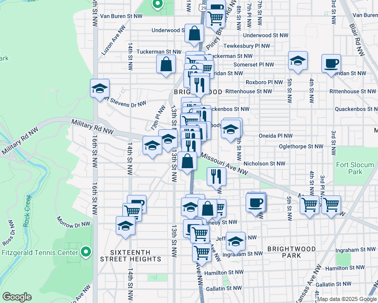 map of restaurants, bars, coffee shops, grocery stores, and more near 5832 Georgia Avenue Northwest in Washington