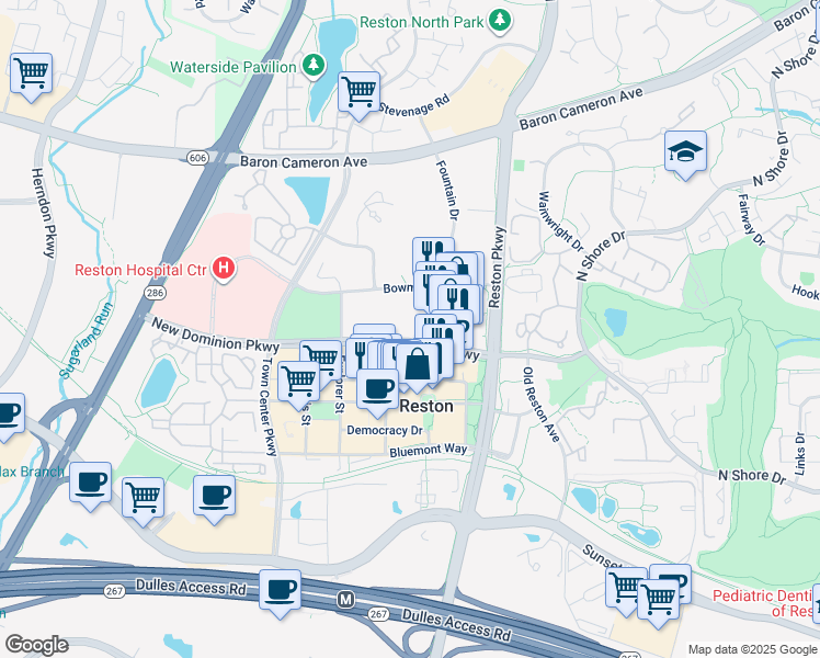 map of restaurants, bars, coffee shops, grocery stores, and more near 1830 Fountain Drive in Reston