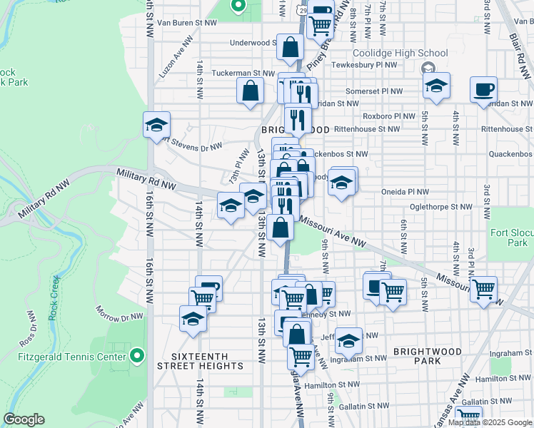 map of restaurants, bars, coffee shops, grocery stores, and more near 5815 13th St NW in Washington