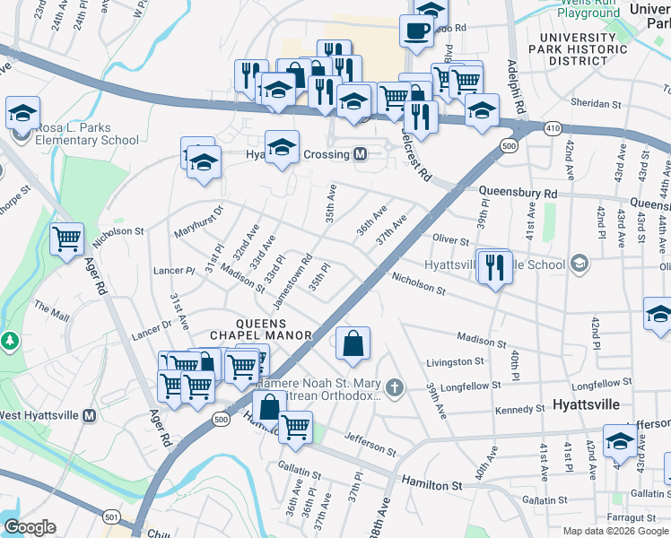 map of restaurants, bars, coffee shops, grocery stores, and more near 3521 Manorwood Drive in Hyattsville