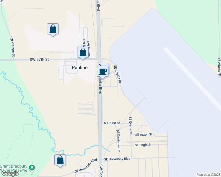 map of restaurants, bars, coffee shops, grocery stores, and more near 201 Southeast 59th Street in Topeka
