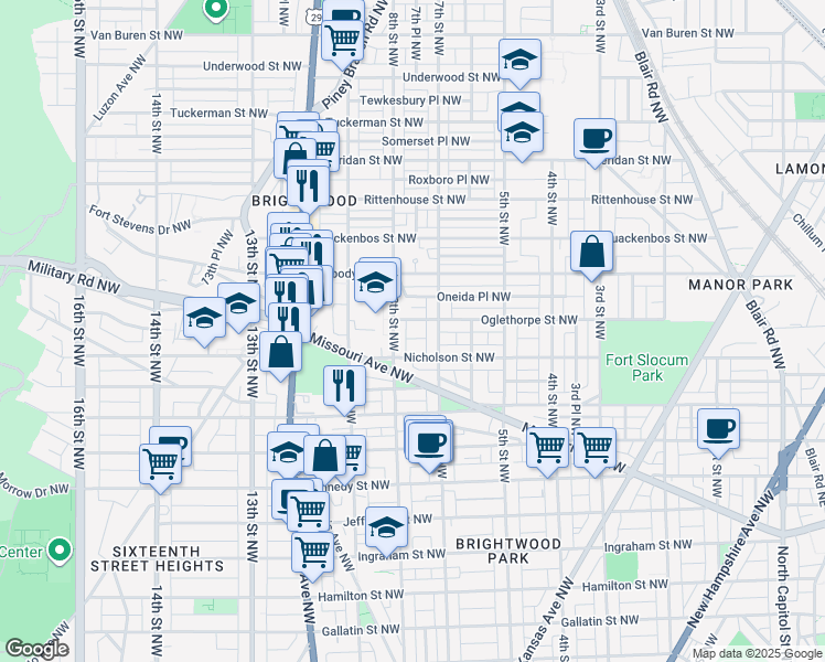 map of restaurants, bars, coffee shops, grocery stores, and more near 724 Oglethorpe Street Northwest in Washington