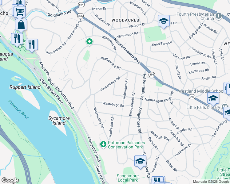 map of restaurants, bars, coffee shops, grocery stores, and more near 5301 Iroquois Road in Bethesda