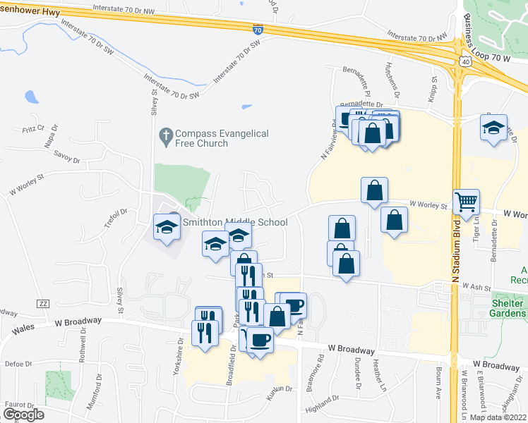 map of restaurants, bars, coffee shops, grocery stores, and more near 505 Park De Ville Place in Columbia