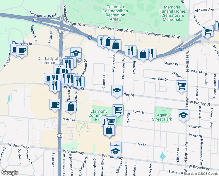 map of restaurants, bars, coffee shops, grocery stores, and more near 1703 West Worley Street in Columbia