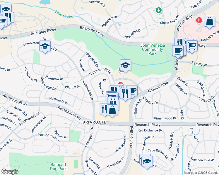 map of restaurants, bars, coffee shops, grocery stores, and more near 9325 Melbourne Drive in Colorado Springs