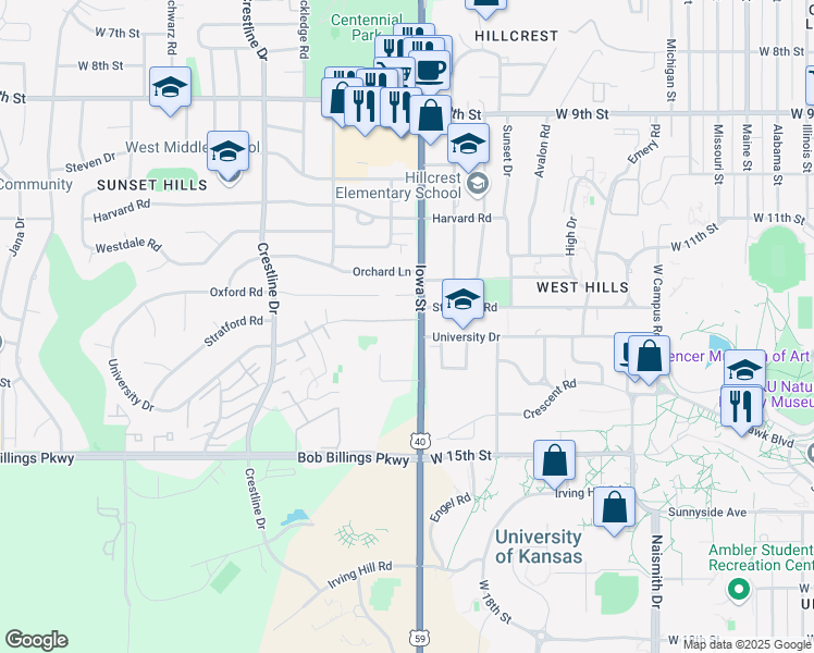 map of restaurants, bars, coffee shops, grocery stores, and more near 1235 Iowa Street in Lawrence