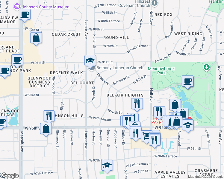 map of restaurants, bars, coffee shops, grocery stores, and more near 9227 Somerset Drive in Overland Park