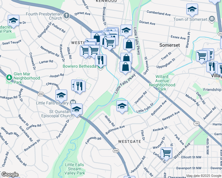 map of restaurants, bars, coffee shops, grocery stores, and more near 5131 Willet Bridge Road in Bethesda