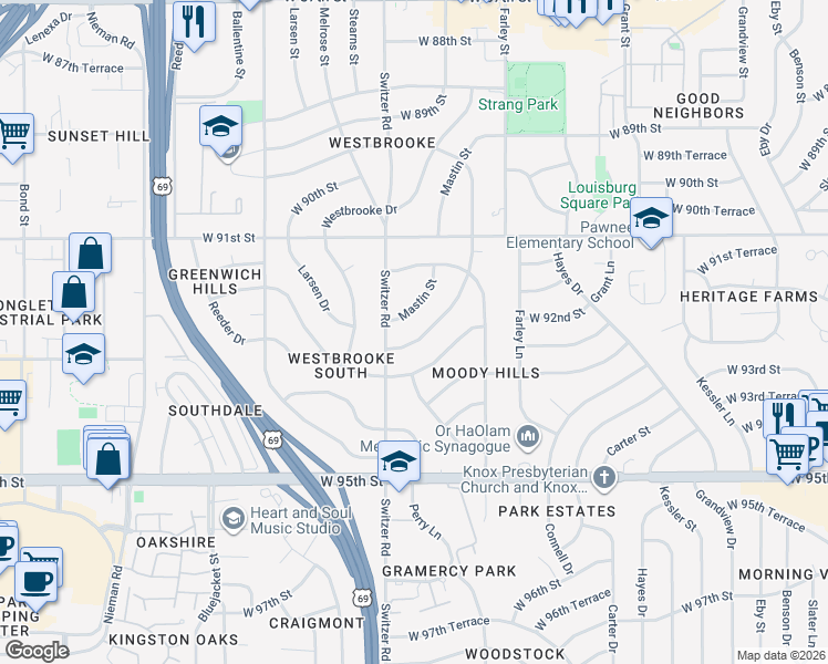 map of restaurants, bars, coffee shops, grocery stores, and more near 9248 Wedd Street in Overland Park