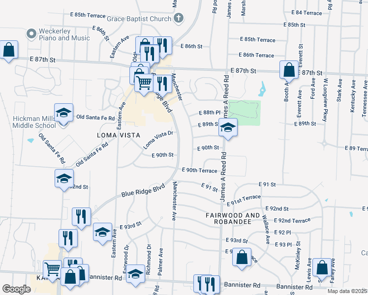 map of restaurants, bars, coffee shops, grocery stores, and more near 8913 Blue Ridge Boulevard in Kansas City
