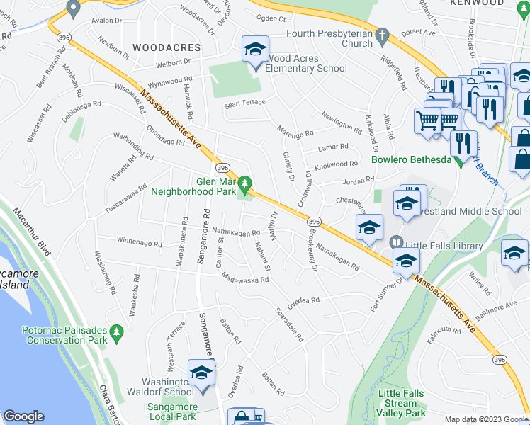 map of restaurants, bars, coffee shops, grocery stores, and more near 5803 Augusta Lane in Bethesda