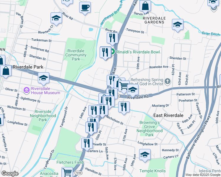 map of restaurants, bars, coffee shops, grocery stores, and more near 5611 Patterson Street in East Riverdale
