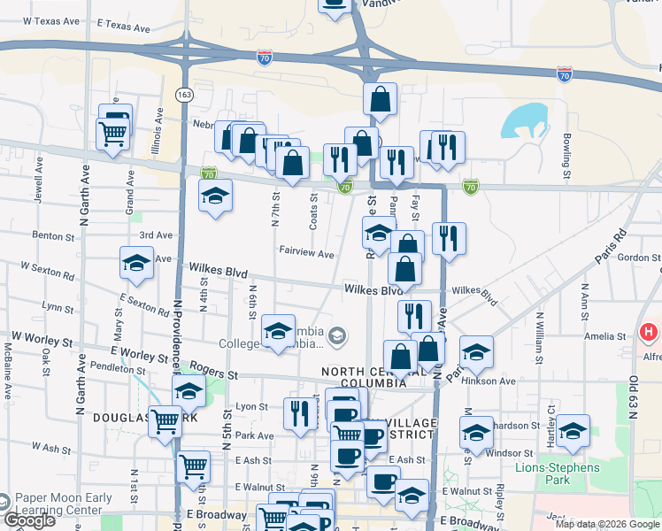 map of restaurants, bars, coffee shops, grocery stores, and more near 913 North 8th Street in Columbia