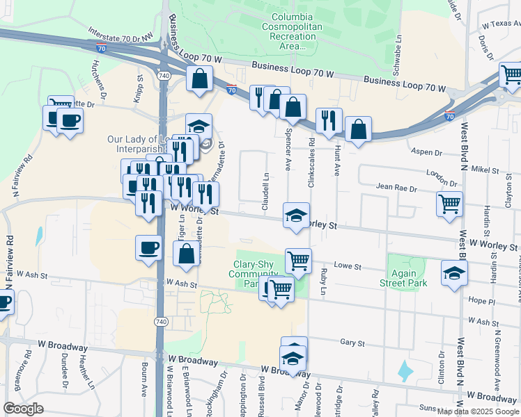 map of restaurants, bars, coffee shops, grocery stores, and more near 1715 West Worley Street in Columbia